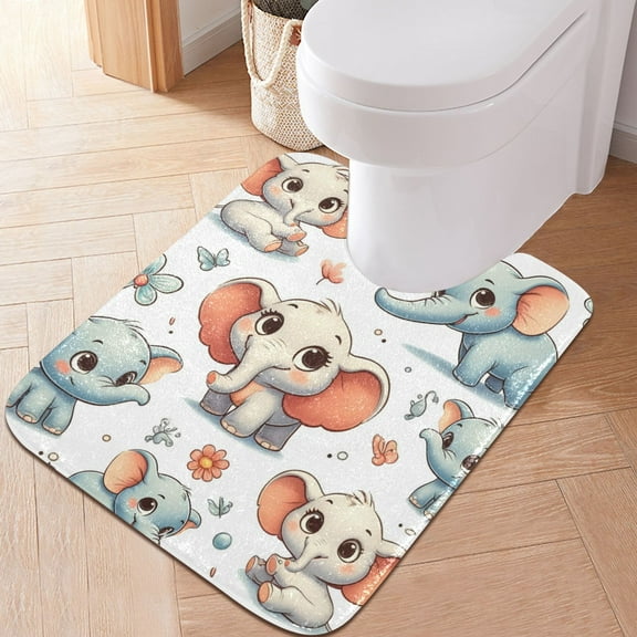 Toilet Rug U-Shaped Bathroom Rugs Non-Slip Soft Plush Machine Washable Contour Bath Mat Cartoon Elephant and Flower 24x20