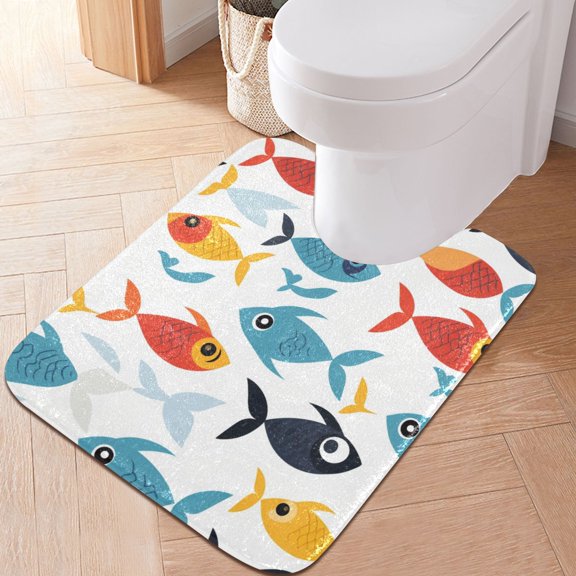 Toilet Rug U-Shaped Bathroom Rugs Non-Slip Soft Plush Machine Washable Contour Bath Mat Cartoon Fishes Swimming 24x20