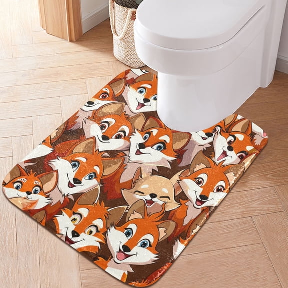 Toilet Rug U-Shaped Bathroom Rugs Non-Slip Soft Plush Machine Washable Contour Bath Mat Cartoon Foxes Face 24x20