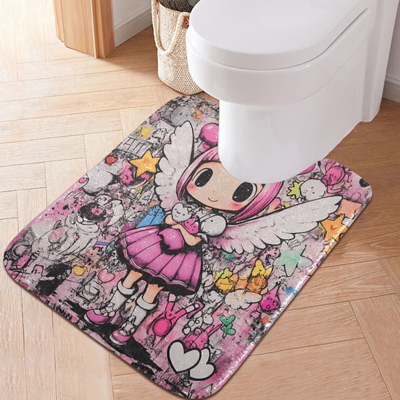 Toilet Rug U-Shaped Bathroom Rugs Non-Slip Soft Plush Machine Washable Contour Bath Mat Cartoon Girl and Graffiti 24x20