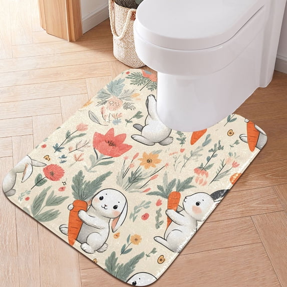 Toilet Rug U-Shaped Bathroom Rugs Non-Slip Soft Plush Machine Washable Contour Bath Mat Cartoon Rabbit Carrot Flower 24x20
