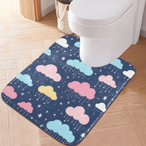 Toilet Rug U-Shaped Bathroom Rugs Non-Slip Soft Plush Machine Washable Contour Bath Mat Cartoon Raining Clouds 24x20
