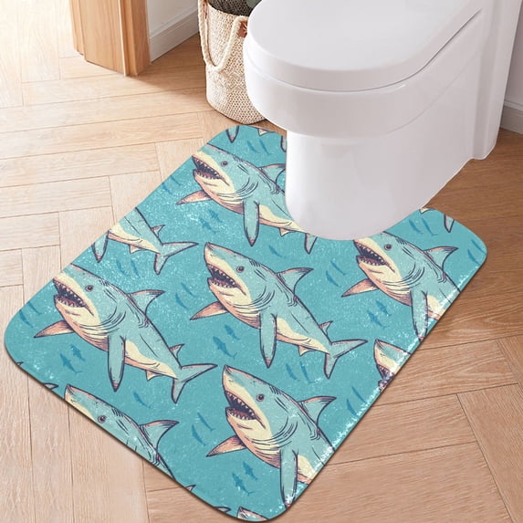 Toilet Rug U-Shaped Bathroom Rugs Non-Slip Soft Plush Machine Washable Contour Bath Mat Cartoon Sharks with Fish Shadow 24x20