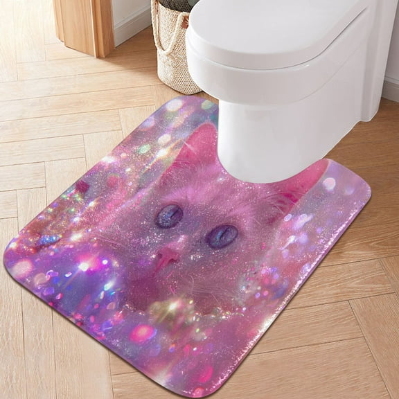 Toilet Rug U-Shaped Bathroom Rugs Non-Slip Soft Plush Machine Washable Contour Bath Mat Cat with Light 24x20