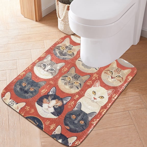 Toilet Rug U-Shaped Bathroom Rugs Non-Slip Soft Plush Machine Washable Contour Bath Mat Cats Face 24x20