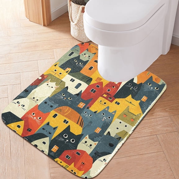 Toilet Rug U-Shaped Bathroom Rugs Non-Slip Soft Plush Machine Washable Contour Bath Mat Cats with House 24x20