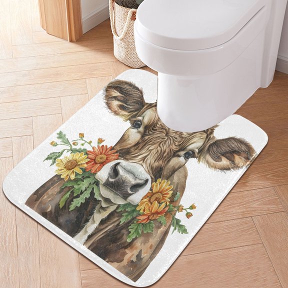 Toilet Rug U-Shaped Bathroom Rugs Non-Slip Soft Plush Machine Washable Contour Bath Mat Cattle with Daisies 24x20