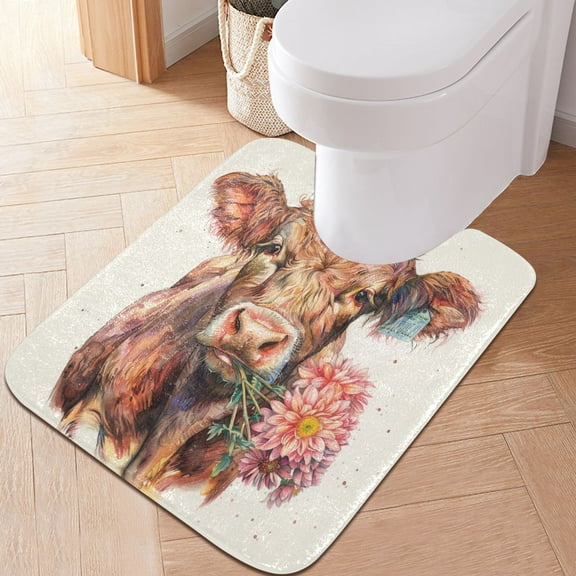 Toilet Rug U-Shaped Bathroom Rugs Non-Slip Soft Plush Machine Washable Contour Bath Mat Cattle with Flower 24x20