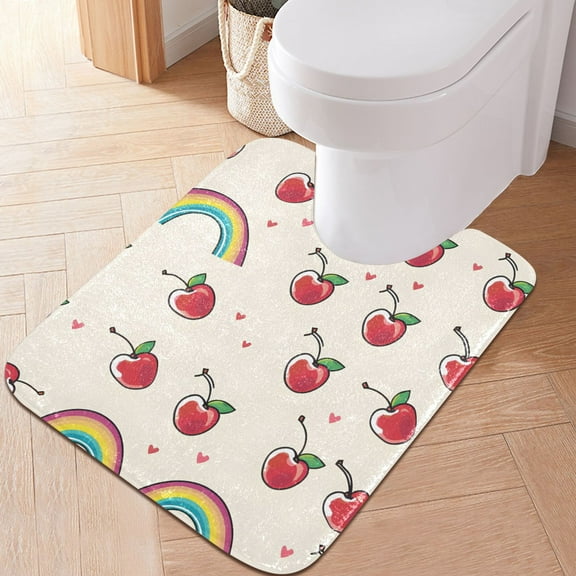 Toilet Rug U-Shaped Bathroom Rugs Non-Slip Soft Plush Machine Washable Contour Bath Mat Cherry and Rainbow 24x20
