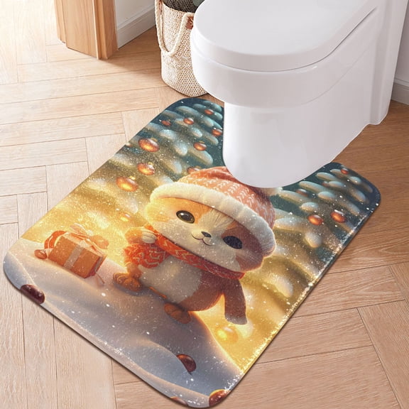 Toilet Rug U-Shaped Bathroom Rugs Non-Slip Soft Plush Machine Washable Contour Bath Mat Christmas Cat 24x20