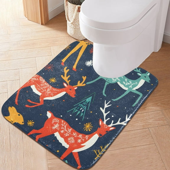 Toilet Rug U-Shaped Bathroom Rugs Non-Slip Soft Plush Machine Washable Contour Bath Mat Christmas Folk Reindeer 24x20