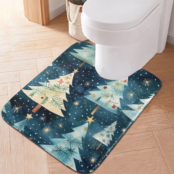 Toilet Rug U-Shaped Bathroom Rugs Non-Slip Soft Plush Machine Washable Contour Bath Mat Christmas Tree 24x20