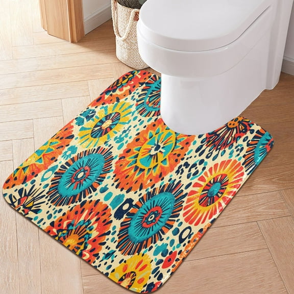 Toilet Rug U-Shaped Bathroom Rugs Non-Slip Soft Plush Machine Washable Contour Bath Mat Colorful Bohemian Geometry 24x20