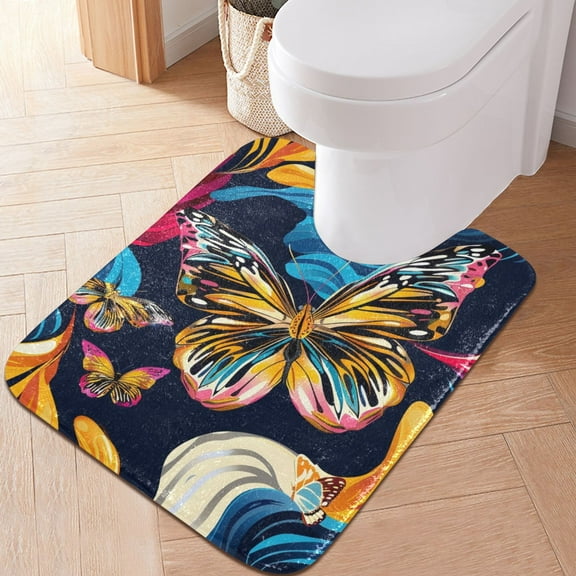 Toilet Rug U-Shaped Bathroom Rugs Non-Slip Soft Plush Machine Washable Contour Bath Mat Colorful Butterflies 24x20