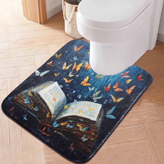 Toilet Rug U-Shaped Bathroom Rugs Non-Slip Soft Plush Machine Washable Contour Bath Mat Colorful Butterflies and Book 24x20