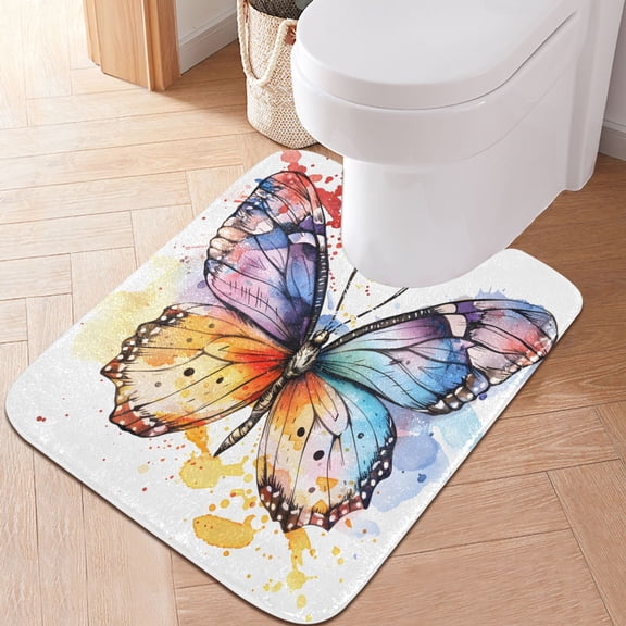 Toilet Rug U-Shaped Bathroom Rugs Non-Slip Soft Plush Machine Washable Contour Bath Mat Colorful Butterfly 24x20