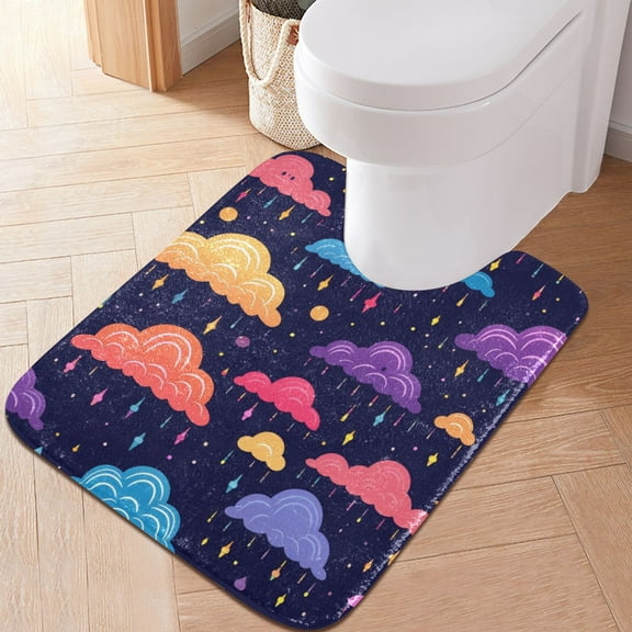 Toilet Rug U-Shaped Bathroom Rugs Non-Slip Soft Plush Machine Washable Contour Bath Mat Colorful Cartoon Clouds 24x20