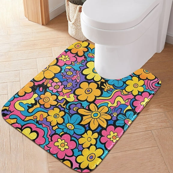 Toilet Rug U-Shaped Bathroom Rugs Non-Slip Soft Plush Machine Washable Contour Bath Mat Colorful Cartoon Daisy Flowers 24x20