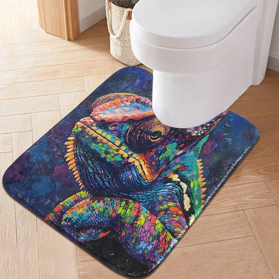 Toilet Rug U-Shaped Bathroom Rugs Non-Slip Soft Plush Machine Washable Contour Bath Mat Colorful Chameleon 24x20