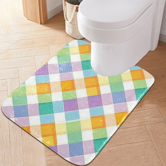 Toilet Rug U-Shaped Bathroom Rugs Non-Slip Soft Plush Machine Washable Contour Bath Mat Colorful Checkered Squares 24x20