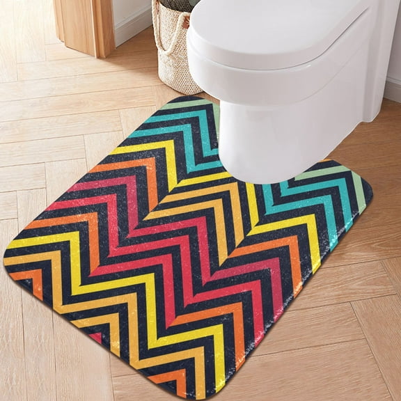 Toilet Rug U-Shaped Bathroom Rugs Non-Slip Soft Plush Machine Washable Contour Bath Mat Colorful Chevron Lines 24x20