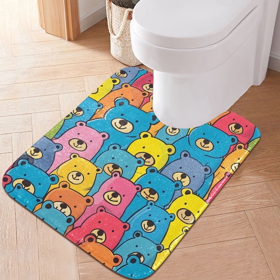 Toilet Rug U-Shaped Bathroom Rugs Non-Slip Soft Plush Machine Washable Contour Bath Mat Colorful Cute Bears 24x20
