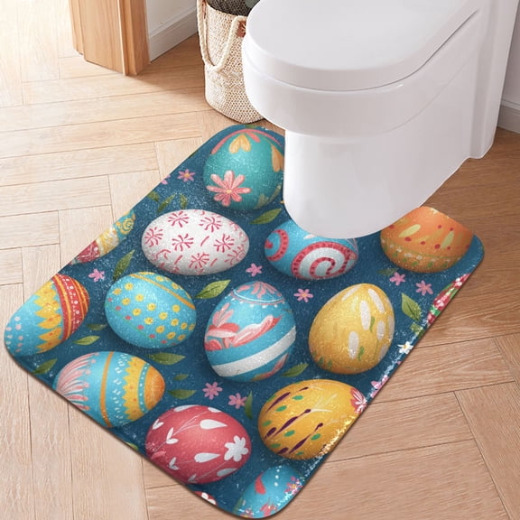 Toilet Rug U-Shaped Bathroom Rugs Non-Slip Soft Plush Machine Washable Contour Bath Mat Colorful Easter Eggs 24x20