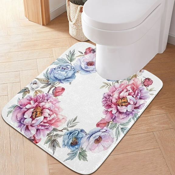 Toilet Rug U-Shaped Bathroom Rugs Non-Slip Soft Plush Machine Washable Contour Bath Mat Colorful Floral Wreath 24x20
