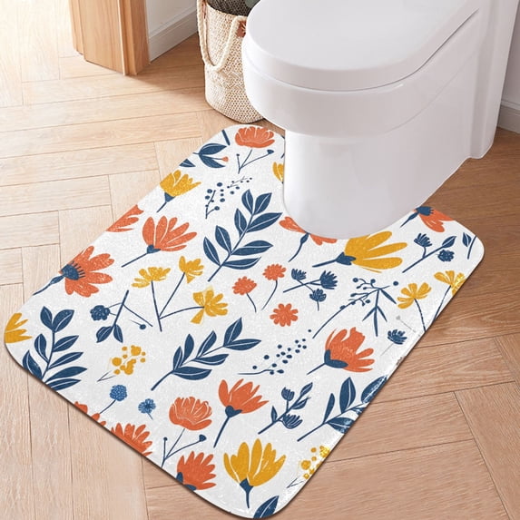 Toilet Rug U-Shaped Bathroom Rugs Non-Slip Soft Plush Machine Washable Contour Bath Mat Colorful Flowers with Leaves 24x20