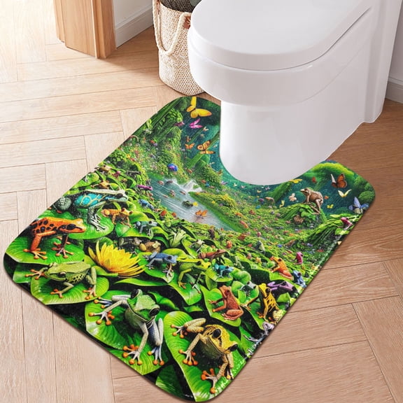 Toilet Rug U-Shaped Bathroom Rugs Non-Slip Soft Plush Machine Washable Contour Bath Mat Colorful Frogs and Butterflies 24x20