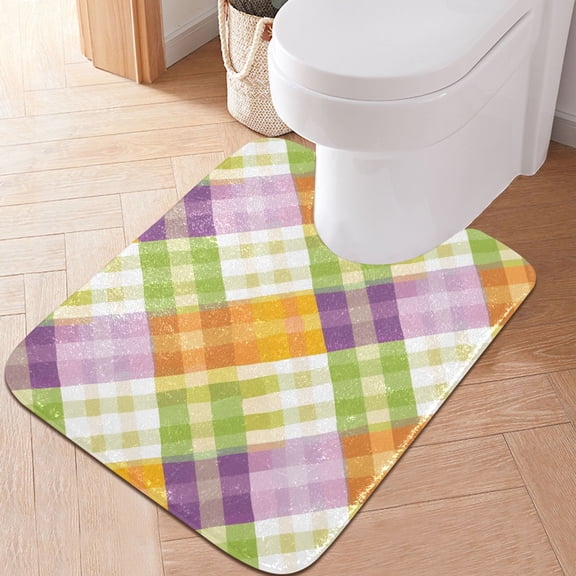 Toilet Rug U-Shaped Bathroom Rugs Non-Slip Soft Plush Machine Washable Contour Bath Mat Colorful Gingham 24x20