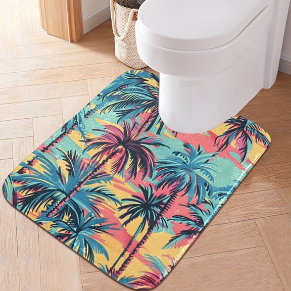 Toilet Rug U-Shaped Bathroom Rugs Non-Slip Soft Plush Machine Washable Contour Bath Mat Colorful Palm Tree 24x20