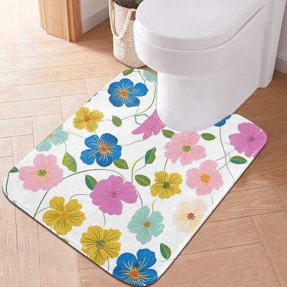 Toilet Rug U-Shaped Bathroom Rugs Non-Slip Soft Plush Machine Washable Contour Bath Mat Colorful Pastel Flowers 24x20