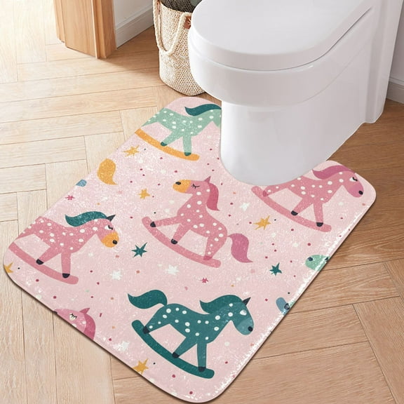 Toilet Rug U-Shaped Bathroom Rugs Non-Slip Soft Plush Machine Washable Contour Bath Mat Colorful Rocking-horse 24x20