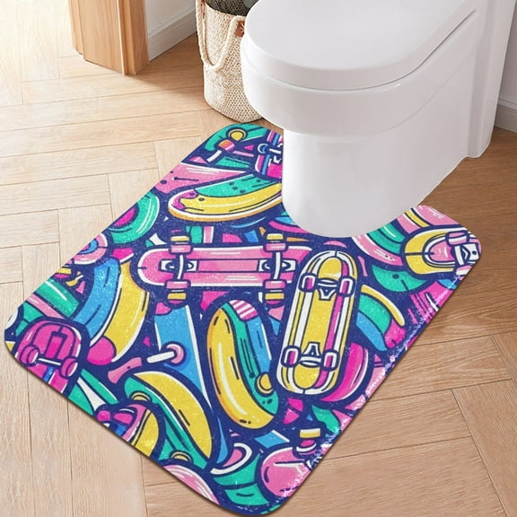 Toilet Rug U-Shaped Bathroom Rugs Non-Slip Soft Plush Machine Washable Contour Bath Mat Colorful Skate 24x20