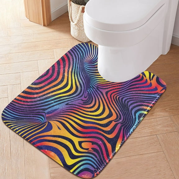 Toilet Rug U-Shaped Bathroom Rugs Non-Slip Soft Plush Machine Washable Contour Bath Mat Colorful Wavy Lines 24x20