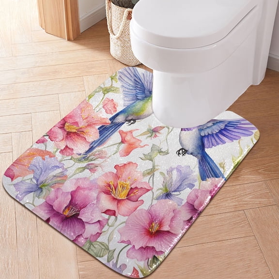 Toilet Rug U-Shaped Bathroom Rugs Non-Slip Soft Plush Machine Washable Contour Bath Mat Couple Hummingbird with Flower 24x20