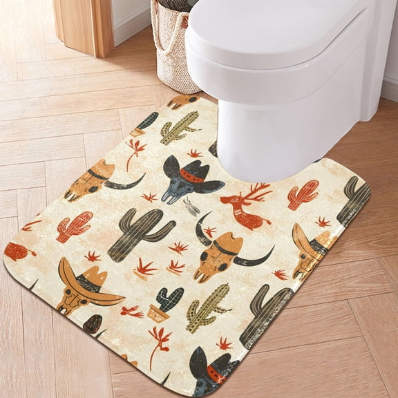 Toilet Rug U-Shaped Bathroom Rugs Non-Slip Soft Plush Machine Washable Contour Bath Mat Cow Skull with Hat and Cactus 24x20