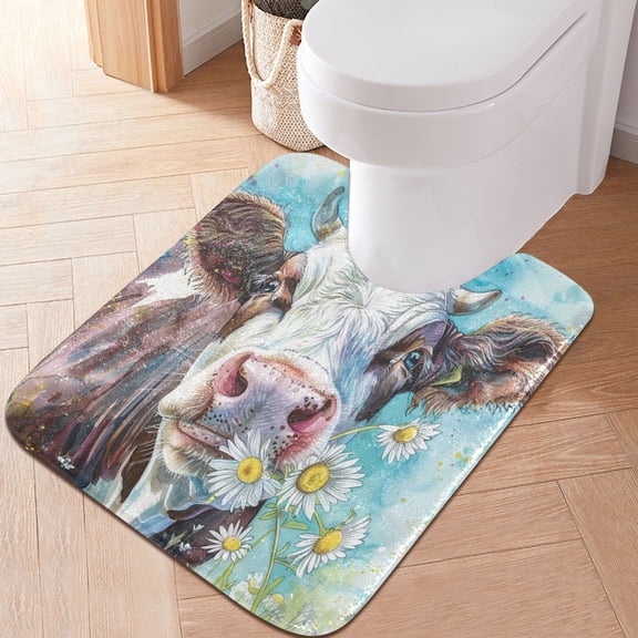 Toilet Rug U-Shaped Bathroom Rugs Non-Slip Soft Plush Machine Washable Contour Bath Mat Cow and Daisy 24x20