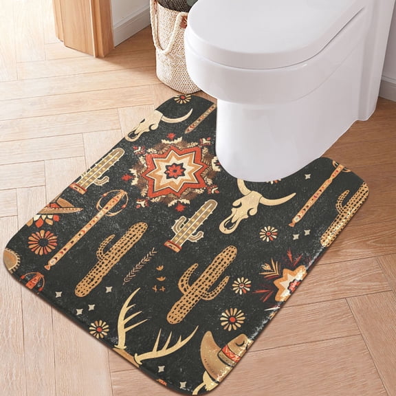 Toilet Rug U-Shaped Bathroom Rugs Non-Slip Soft Plush Machine Washable Contour Bath Mat Cowboy Hat Cactus Cow Skull 24x20
