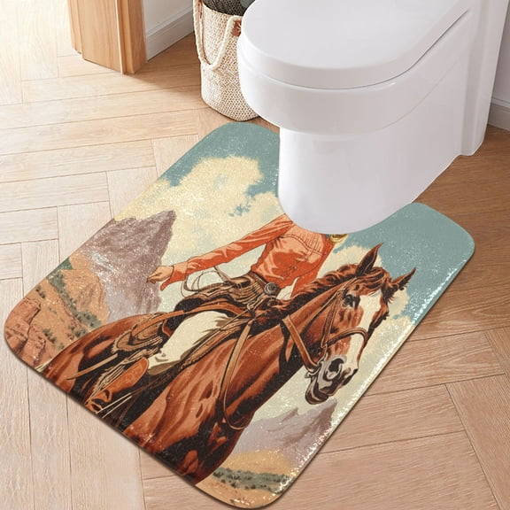 Toilet Rug U-Shaped Bathroom Rugs Non-Slip Soft Plush Machine Washable Contour Bath Mat Cowgirl on Horseback 24x20