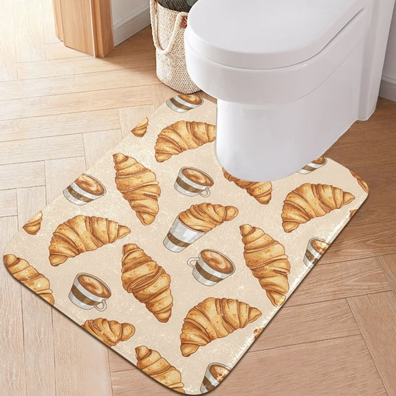 Toilet Rug U-Shaped Bathroom Rugs Non-Slip Soft Plush Machine Washable Contour Bath Mat Croissant and Coffee 24x20