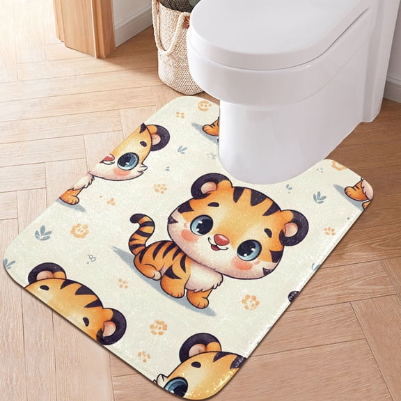 Toilet Rug U-Shaped Bathroom Rugs Non-Slip Soft Plush Machine Washable Contour Bath Mat Cute Baby Tiger 24x20