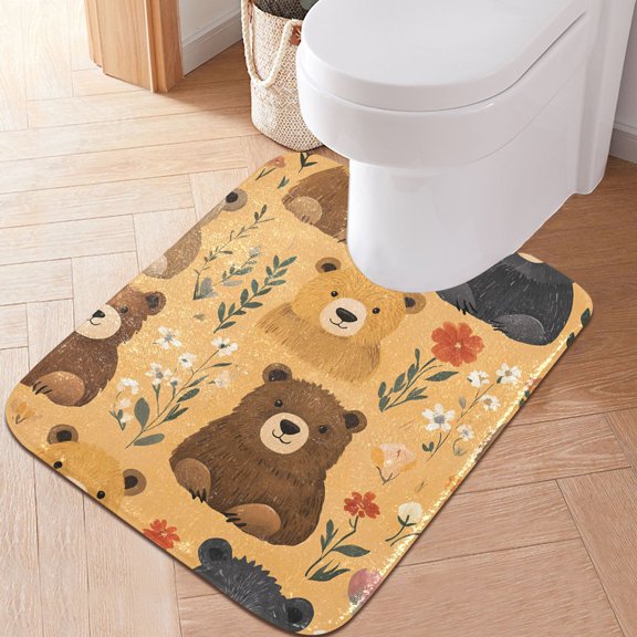 Toilet Rug U-Shaped Bathroom Rugs Non-Slip Soft Plush Machine Washable Contour Bath Mat Cute Bears and Flowers 24x20