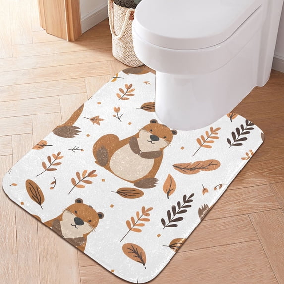 Toilet Rug U-Shaped Bathroom Rugs Non-Slip Soft Plush Machine Washable Contour Bath Mat Cute Beaver and Leaf 24x20