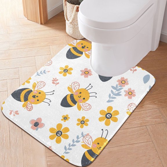 Toilet Rug U-Shaped Bathroom Rugs Non-Slip Soft Plush Machine Washable Contour Bath Mat Cute Bee and Flower 24x20