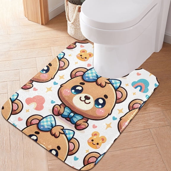 Toilet Rug U-Shaped Bathroom Rugs Non-Slip Soft Plush Machine Washable Contour Bath Mat Cute Cartoon Bear 24x20