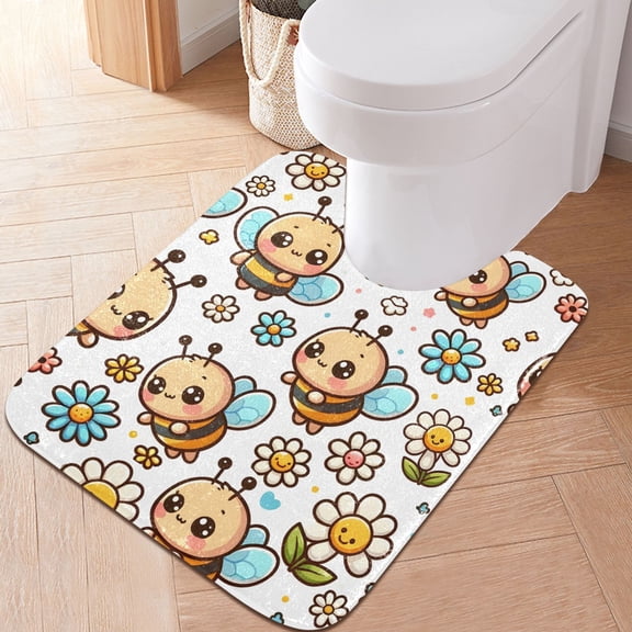 Toilet Rug U-Shaped Bathroom Rugs Non-Slip Soft Plush Machine Washable Contour Bath Mat Cute Cartoon Bee 24x20
