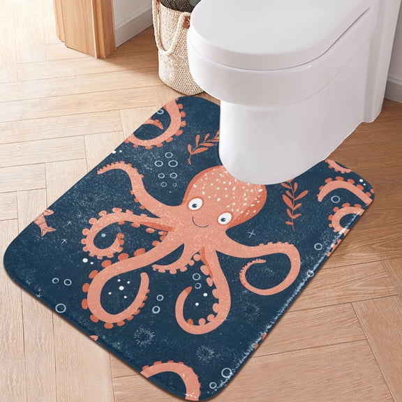 Toilet Rug U-Shaped Bathroom Rugs Non-Slip Soft Plush Machine Washable Contour Bath Mat Cute Cartoon Octopus 24x20