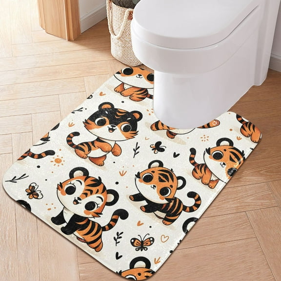 Toilet Rug U-Shaped Bathroom Rugs Non-Slip Soft Plush Machine Washable Contour Bath Mat Cute Cartoon Tiger 24x20